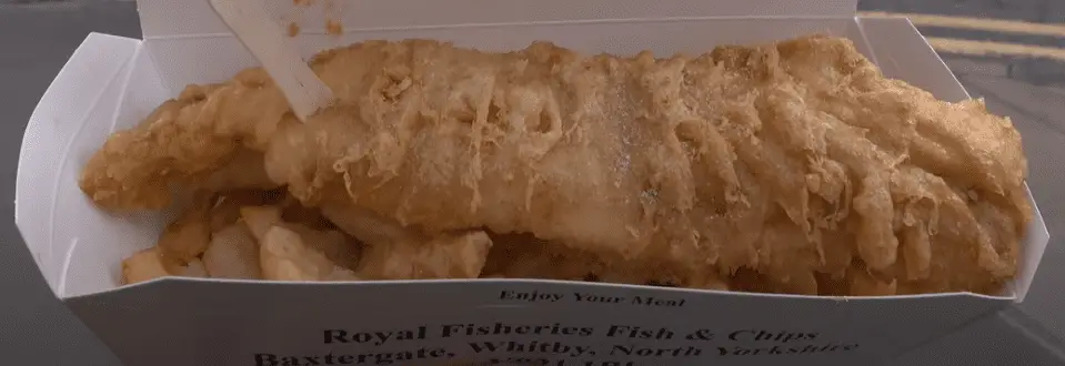 Things to do in Whitby eat take away fish and chips - Royal Fisheries Whitby -  Takeaway box of British seaside  fish and chips