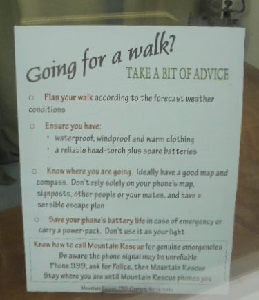 Walking advice notice in the Pen-y-ghent cafe window